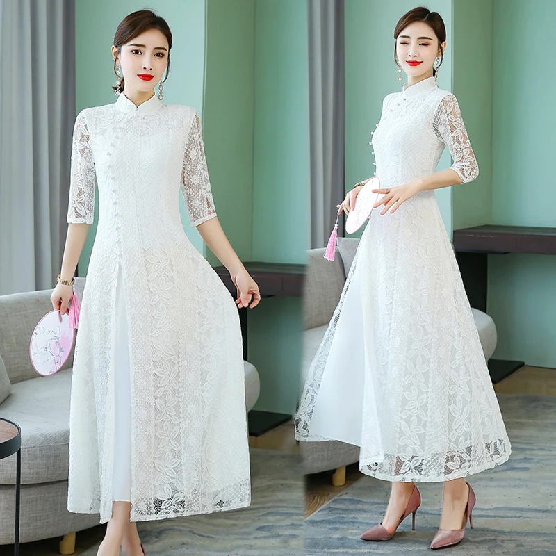 lace mesh female evening party gown elegant bridesmaid dress vestidos improved embroidery cheongsam qipao women aodai - Цвет: color1