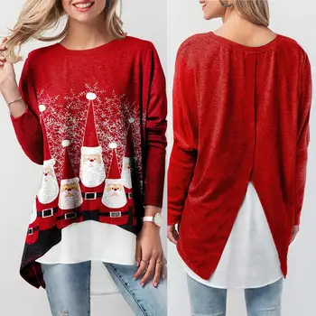 

2020 Sweatshirts Women Hoodies Long Sleeve O Neck Patchwork Irregular Back Hem Pullover Sweatshirt Blouse Christmas Blouses
