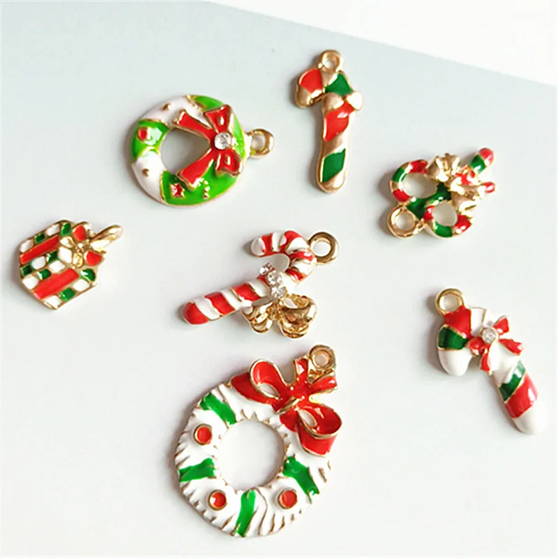 

10pcs Alloy Enamel Charms Christmas Tree Wreath Crutch Pendants Charms Bracelets DIY Jewelry Finding Christmas Series Gift FX504