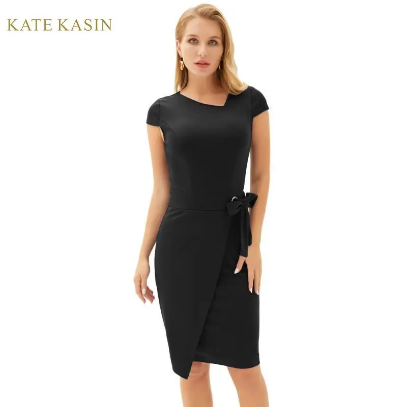 

Kate Kasin Women Casual Cap Sleeve Pencil Dress Solid Color Asymmetric Neck Summer Sheath Dress Ladies Office Dresses Bodycon