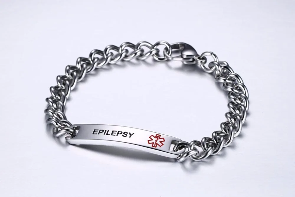 Mens Womens Stainless Steel Medical Alert ID Bracelets EPILEPSY 15