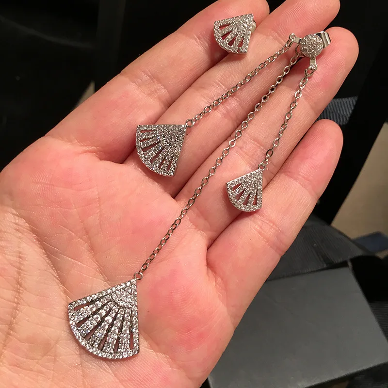 

Zhao Wei Celebrity Style Fan-shaped Non-symmetrical Earrings Long Tassels Micro Zircon 925 Silver-Ear Stud Europe And America Lo