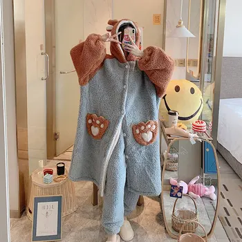 

Patchwork Color 2PCS Pajamas Suit Lady Intimate Lingerie Flannel Sleepwear Kimono Robe Autumn Winter New Sleep Set Nightwear