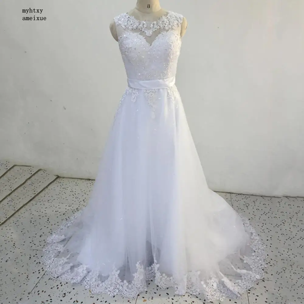 

2020 Sleeveless Lace Scoop Chapel Train Long Button A-line Sleeveless Luxury Wedding Dress Boho Plus Size Sexy Vestido De Noiva