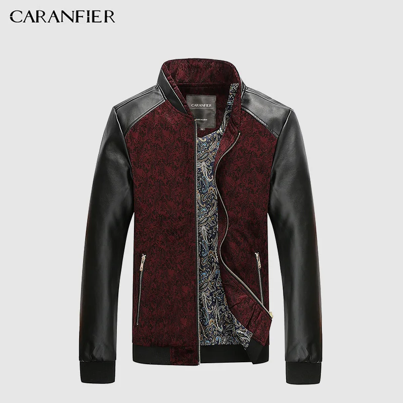 

CARANFIER Mens PU Leather Jacket Casual Long Sleeve Zippers Patchwork Color Outerwear Slim Fit Business Fashion Autumn Male Coat