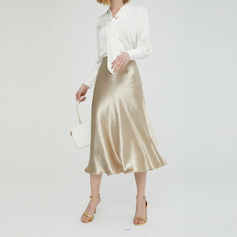 Women Skirt Ladies Glossy Satin Skirt Plain Shiny Wet Look Fashion Party Office Skirts Solid Metallic High Waist Skirt Plus Size