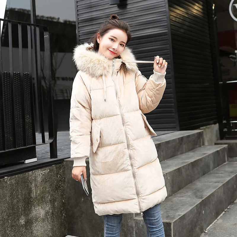 

Mid-length Large Fur Collar Hooded Cotton Coat Women's Korean-style Loose-Fit Students Winter Coat Blue Thickened down Cotton