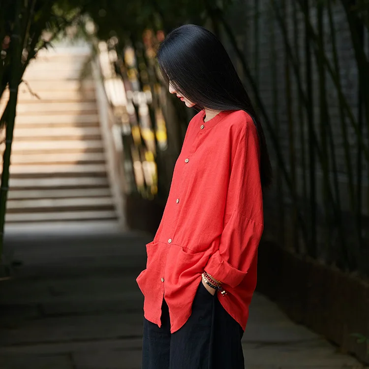 Осенний льняной женский винтажный чистый льняной жакет кардиган ретро - Цвет: Red