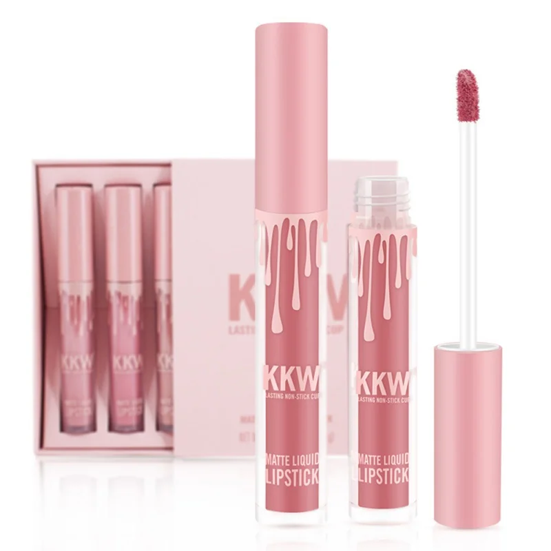 

4 Piece Matte Lipstick Makeup Tool Set Pink Tube Long Lasting Waterproof Non-Stick Cup Matte Velvet Lip Gloss