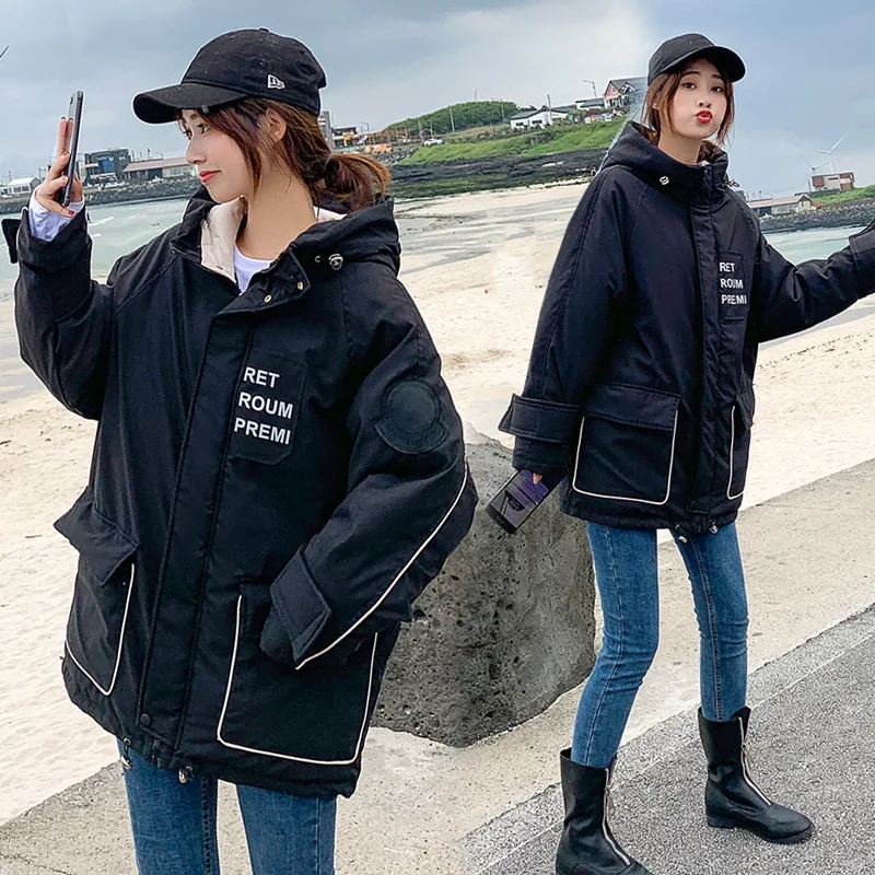 

Photo Shoot 2019 Autumn And Winter New Style Online Celebrity Casual Lettered Women's Korean-style Army Workwear Coat Hooded Cot