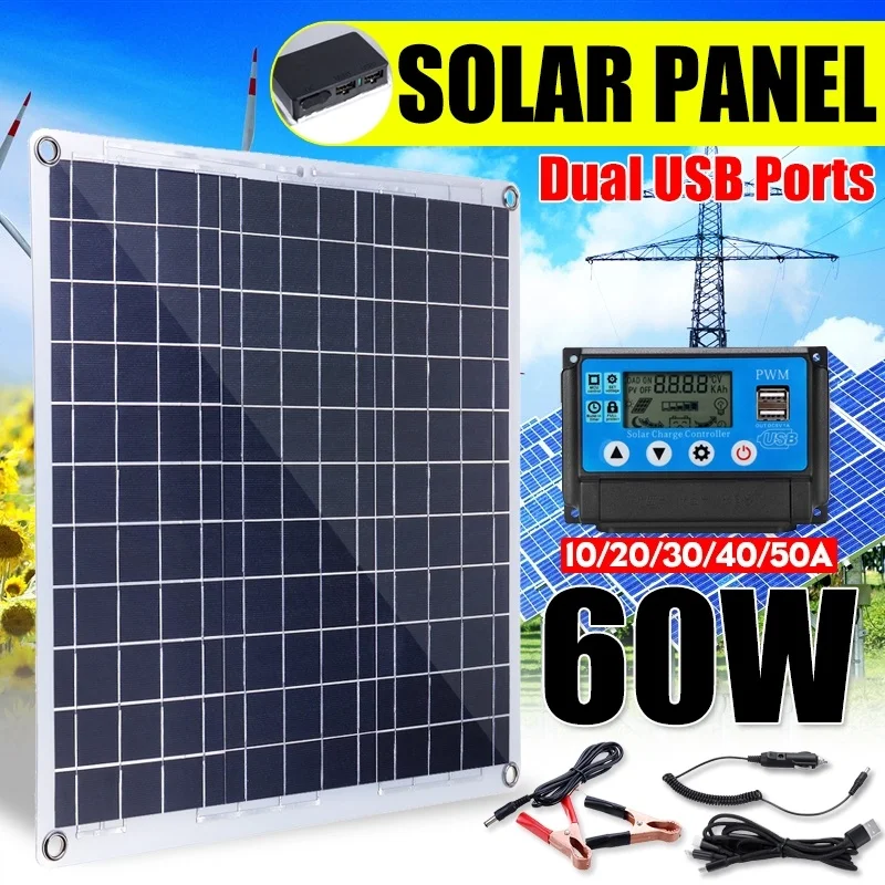 Outdoor 60W Semi flexible Solar Panel Solar Cell 12V/5V DC Dual USB Charger Kit with 10/20/30/40