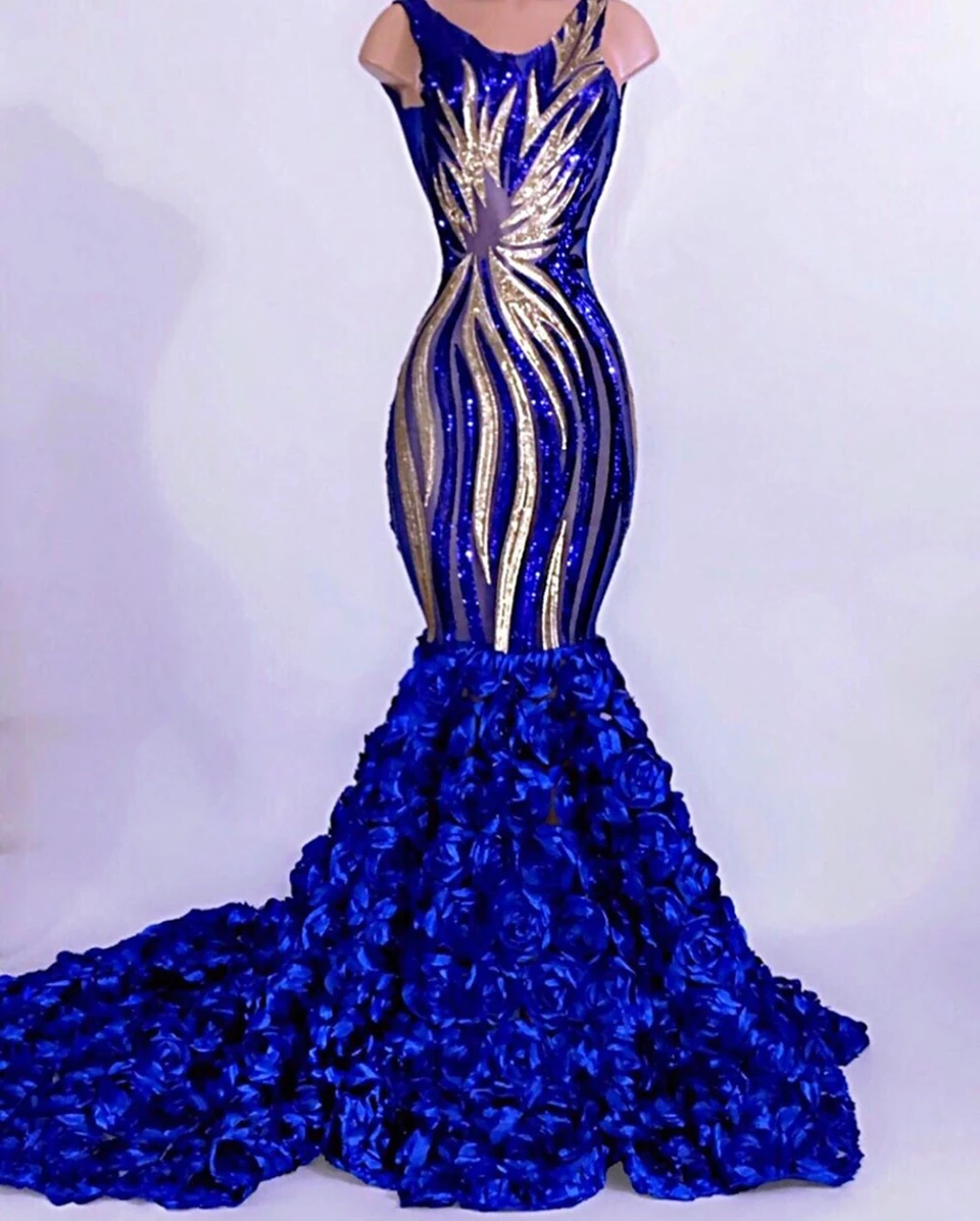 Royal Blue Prom Dresses Mermaid Gold Sequined Lace 3D Flowers Sweep Train Black Girls Evening Gowns African Style CP133