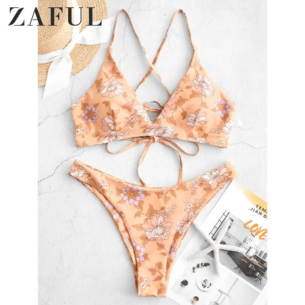 ZAFUL, Цветочный, на шнуровке, с высоким вырезом, бикини, купальник для женщин, на тонких бретельках, без проволоки, с высоким вырезом, бикини, две части, купальник, сексуальный