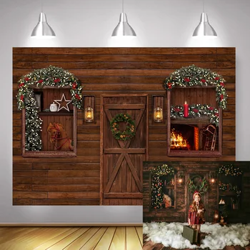 

Christmas Children Portrait Backdrop for Photography Wooden Wall Winter Fireplace Retro Door Xmas Background Candle Wreath Snow