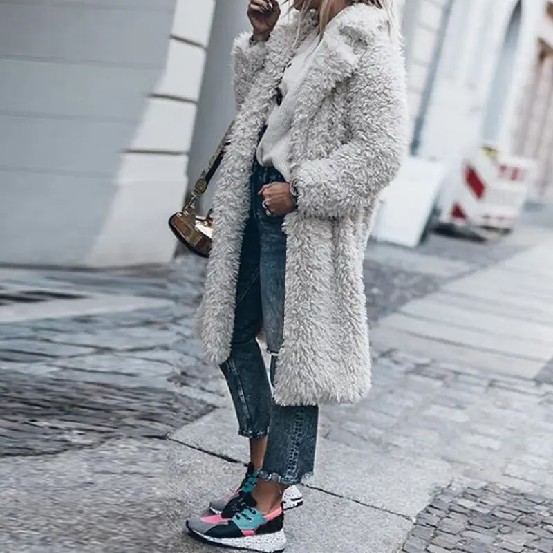 Light Grey ZANZEA с отворотом и длинными рукавами Плюшевые Пушистые пальто из искусственного меха зимние женские длинные куртки с открытой передней частью теплая верхняя одежда Повседневный Кардиган - Цвет: Light Grey