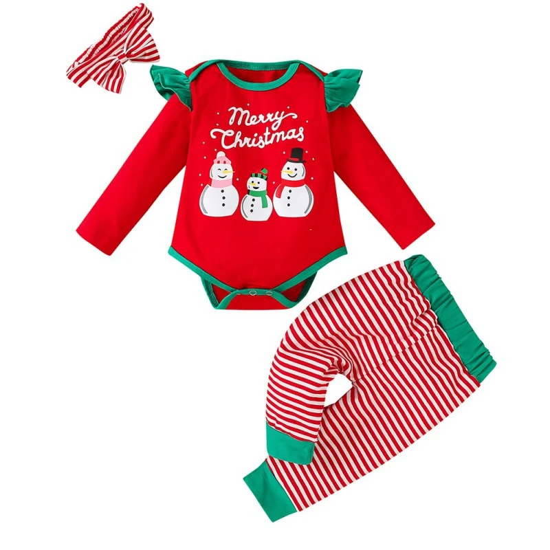 

Infant 2020 Christmas Clothes Set 3Pcs Baby Girl Letter Print Long Sleeve Romper Tops Stripe Trousers Headband Outfits