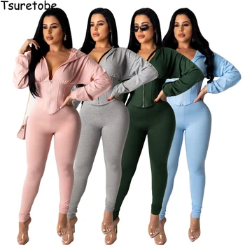 

Tsuretobe Casual Tracksuits Women 2 Piece Set Hoodie Jacket And Pencil Pants Suits Summer Club Outfits Streetwear Matching Sets
