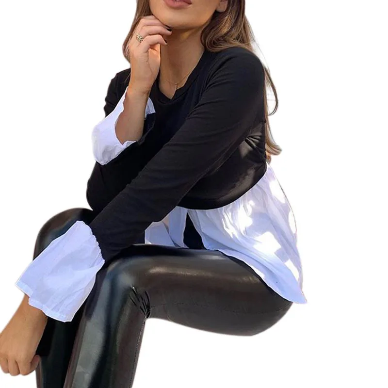 Европа и Америка осень-зима футболка сексуальная женская черно-белая строчка с длинным рукавом вырез лодочкой Труба рукава Тройник
