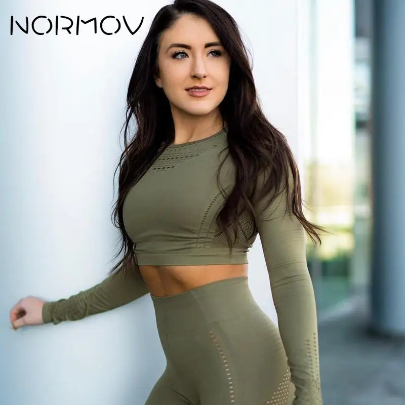 NORMOV с длинным рукавом Топы для тренировок для женщин бесшовная футболка для спортзала йоги спортивный короткий топ Спортивная футболка женская спортивная одежда для фитнеса