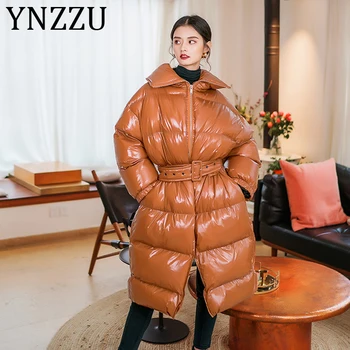 

YNZZU 2019 New Fashion Thick Down Jacket Women White Duck Down Coat Women Casual Long Female Jacket Winter Wearing Sashes A1361