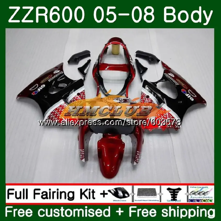 Корпус для KAWASAKI ZX600 600CC ZZR600 05 06 07 08 107CL. 150 ZX600CC ZZR-600 ZZR 600 2005 2006 2007 2008 OEM Обтекатели красные, черные - Цвет: No. 1