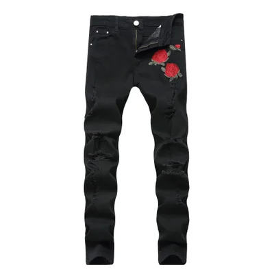 Front flower 1823 Белые рваные мужские джинсы с дырками, супероблегающие, Известный дизайнерский бренд, облегающие рваные джинсы, узкие джинсы на молнии - Цвет: Front flower 1823
