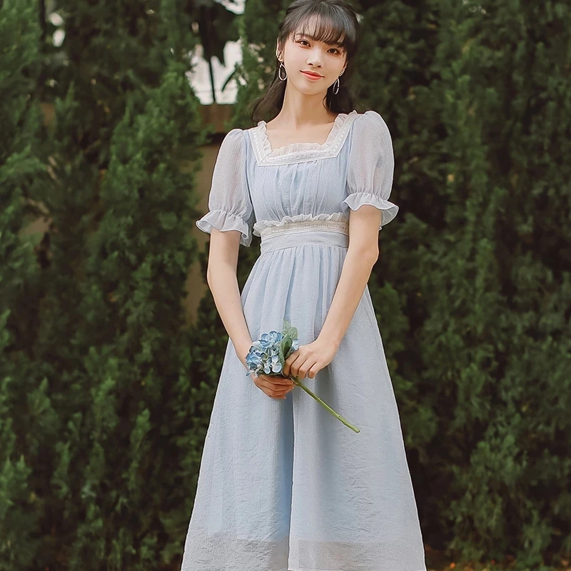 Sukienki de verano para mujer, vestido romántico de gasa de cintura alta con cuadrado, para fiesta, 2021|Vestidos| - AliExpress