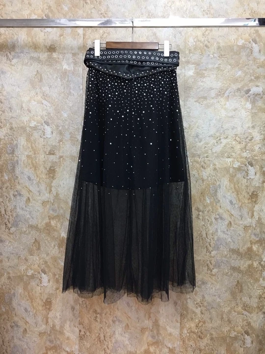 Early Autumn New Women's Belt Nail Bead Decorative Mesh Yarn in the Long Baitao Half-length Skirt 906