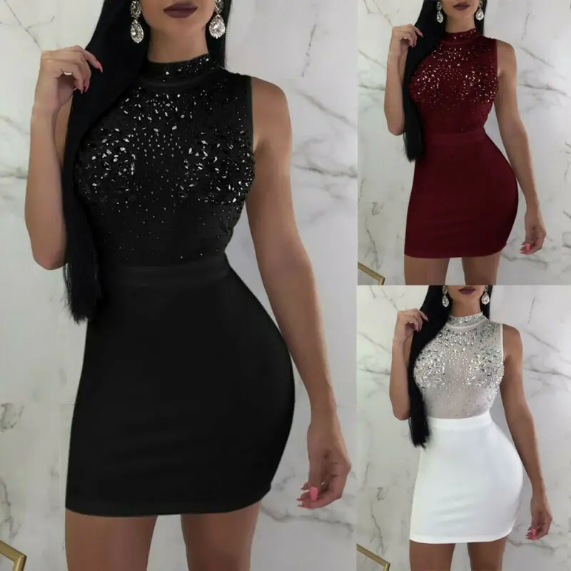 Elegant Women Dresses Skinny Hip Dress with Diamonds Summer Dress Black Round Neck Sleeveless Mini Dress Evening Party Vestito
