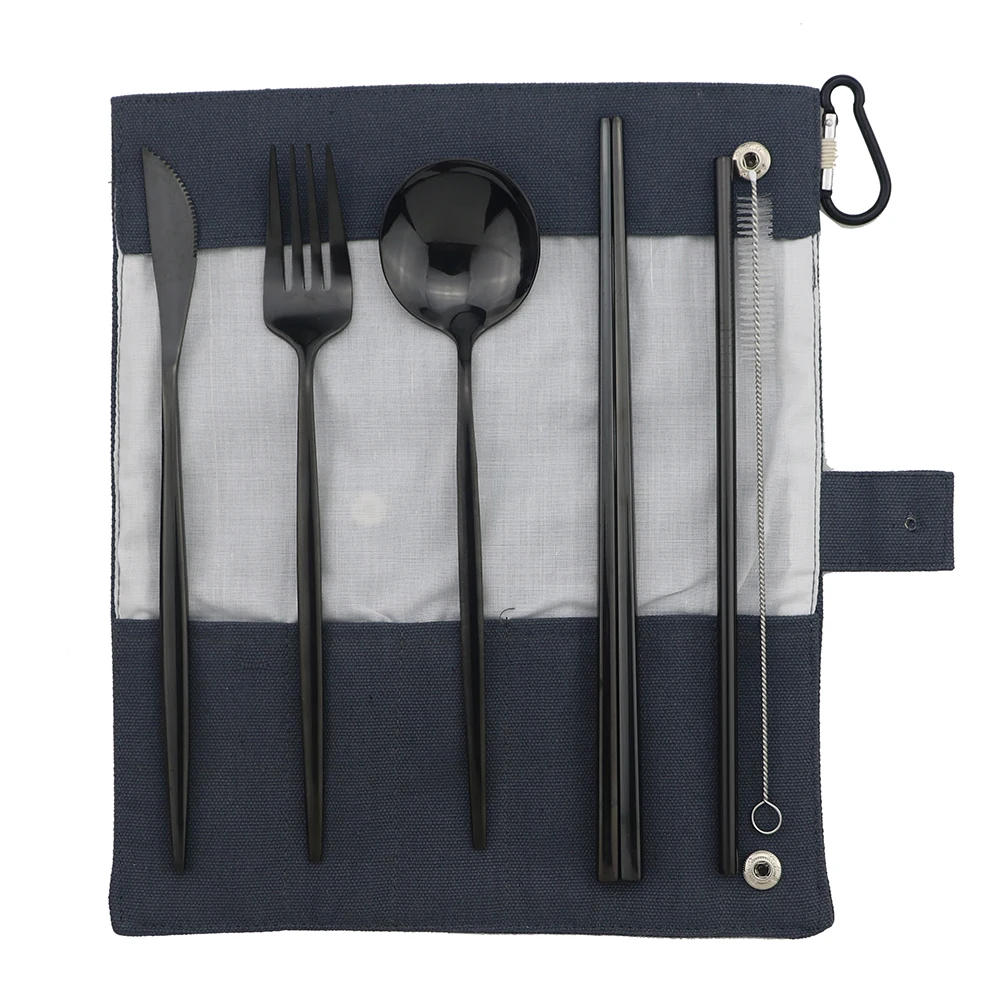 Blue B Bag Black Розовое золото 7 шт. из нержавеющей стали для хранения столовых приборов набор ножей вилка ложка портативный набор столовых приборов пикники офисы принадлежности для барбекю - Цвет: Blue B Bag Black