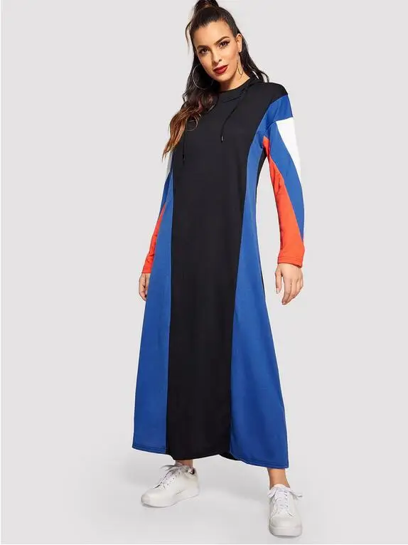 Весна осень хлопок Abayas студентов Спорт длинное платье лоскутное повседневное