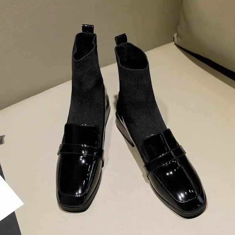 black patent skin Krazing pot/ботильоны из телячьей кожи с квадратным носком в британском стиле на среднем каблуке в европейском стиле без шнуровки; вязаные ботильоны; l14 - Цвет: black patent skin