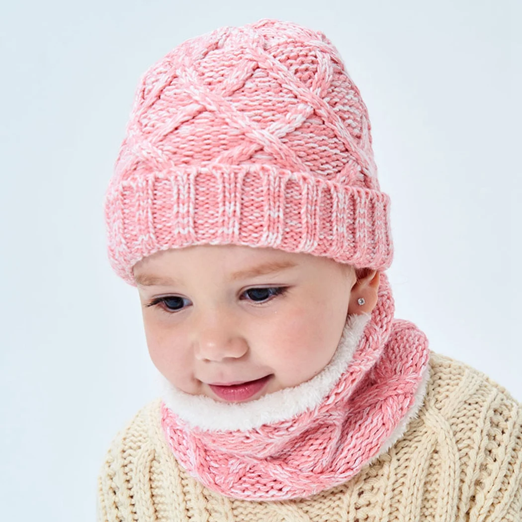 Теплые флисовые Вязанные Трикотажные Шапочки Snood комплект зимняя уличная детская шапка шарф Детские шапки Скалли Лыжные шапки для мальчиков и девочек