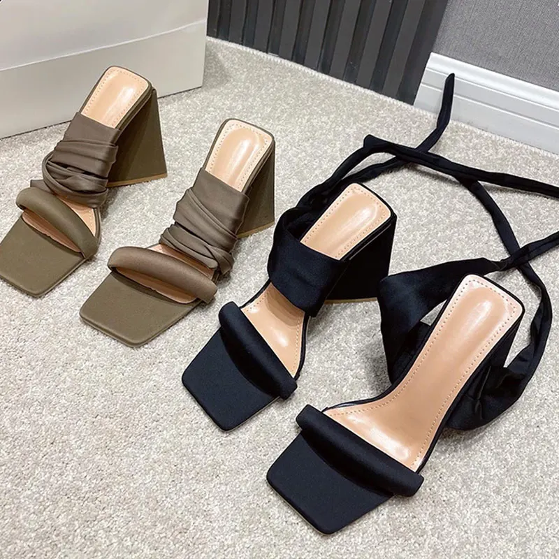 Women New 2021 Sandal Shoes Female PU Triangle Heels Square Toe Shoes