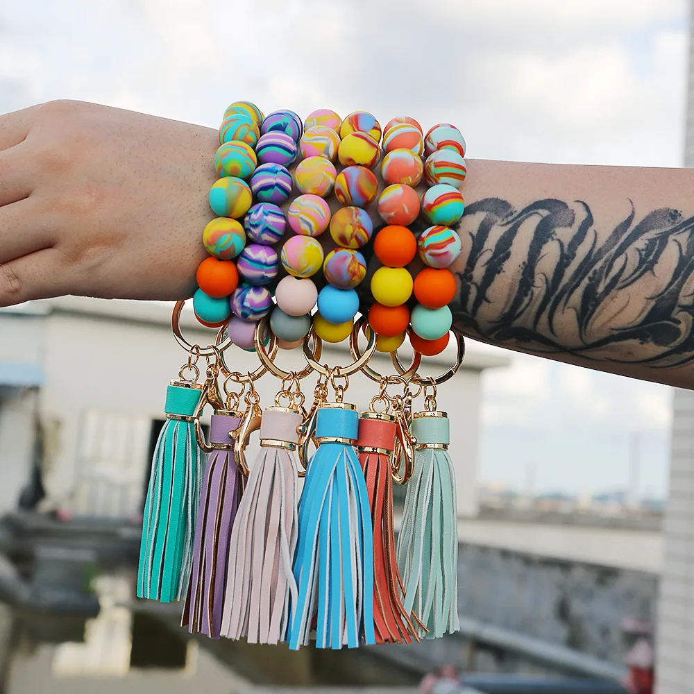 Rainbow Color Silicone Beads Keychain Beaded Bracelet Fashion Keyrings with  Tassel Women Wrist Round Silicone Keychians 2020 NEW