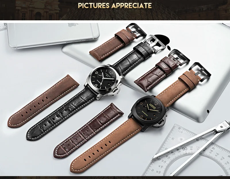 Топ Ремешки для наручных часов кожаный браслет для Panerai samsung супер качество Натуральная кожа ремешок 20 мм 22 мм 24 мм 26 мм стальная пряжка