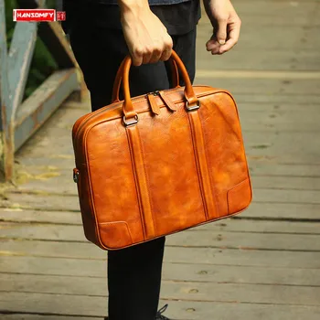 

Genuine Leather Men Handbag Men's Vegetable Tanned Leather Briefcase Cross Section Handmade Men's Bag Simple Retro Leather Bags
