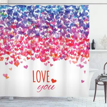 

Love Shower Curtain Hearts and Love You Message Romantic Valentine's Day Inspired Springtime Cheerful Art Fabric Bathroom Decor