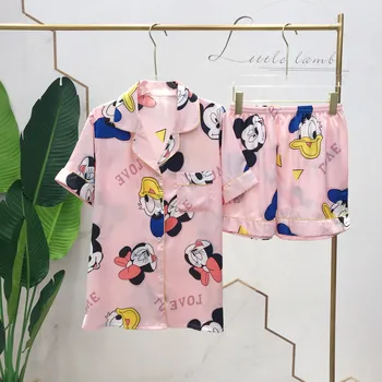 

Wmyqdlq Cute Sweet Pajamas Female Summer Ice Silk Short-Sleeved Shorts Suit Thin Section Lapel Fashion Silk Home Service