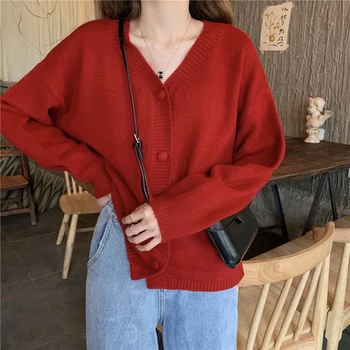 

Winter Women Solid Sweater Korean Knitting Cardigans Sweet Female V-Neck Button Sweater Chic Long Sleeve Single Breasted Jumper