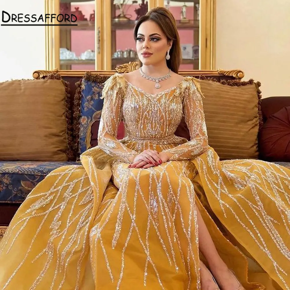 

Gold Dubai Luxury Sequined Sparkle Evening Dresses 2022 Long Sleeve Beading Gowns Custom Made