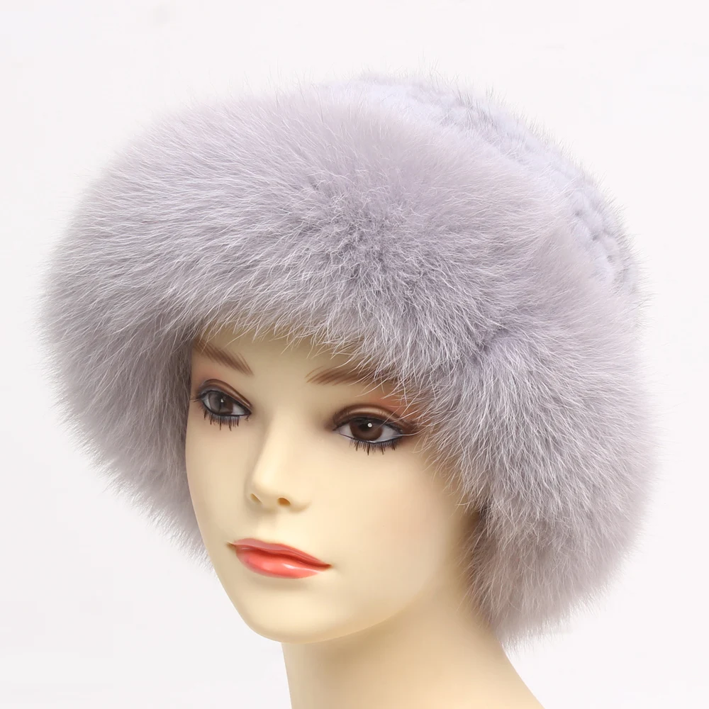 Winter Knitted Real Mink Fur Hats Luxury Natural Real Fox Fur Cap Ladies Winter Warm Fluffy Casual Natural Genuine Fur Hats - Цвет: light blue