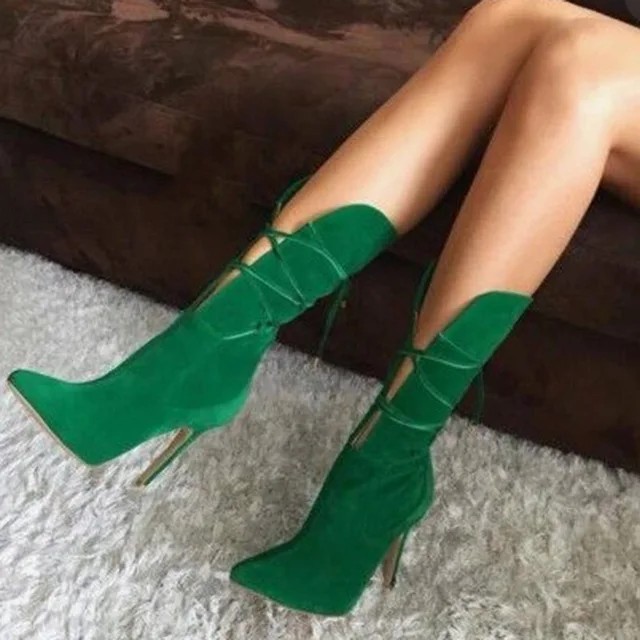 Botas de mujer 2019 otoño Moda Verde ante puntiagudo tacones altos 8cm  Correa Oficina señoras Mediados de pantorrilla negro zapatos Sexy bota  femenina|Botas a media pantorrilla| - AliExpress
