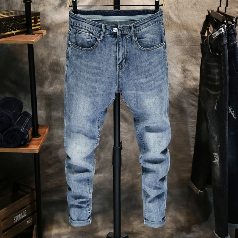 

High Quality Jeans Men Denim Jeans Pencil Pants Blue Men's jeans fashion Casual Skinny Slim Fit Stretch Male Jean Scratched blue