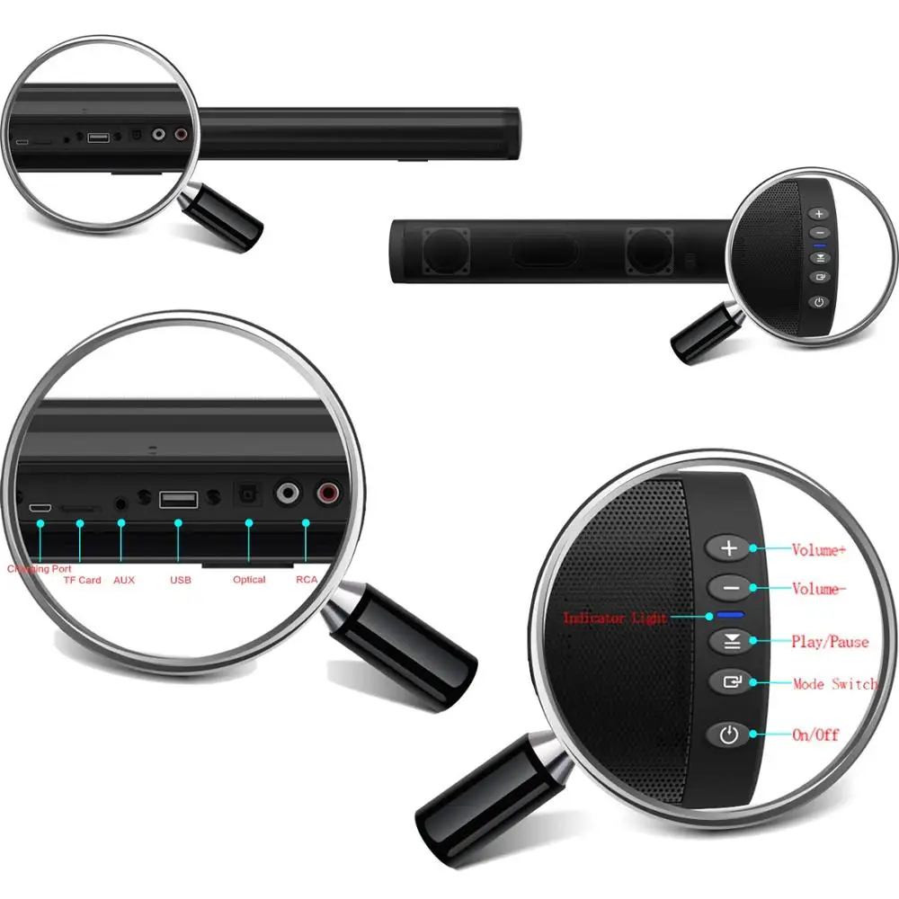 TV Sound Bar Speaker with Wired Digital Optical Audio RCA AUX USB TF Card Input with Remote Bass Stereo Surround Voice