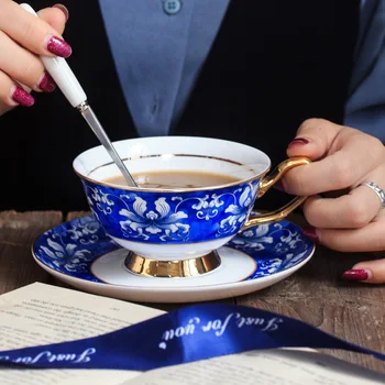 

Bone China Coffee Cup Dish Blue Ceramic Chinese Retro Style With Handle Afternoon Saucer Teacup Originality Tea Mug Water Cups