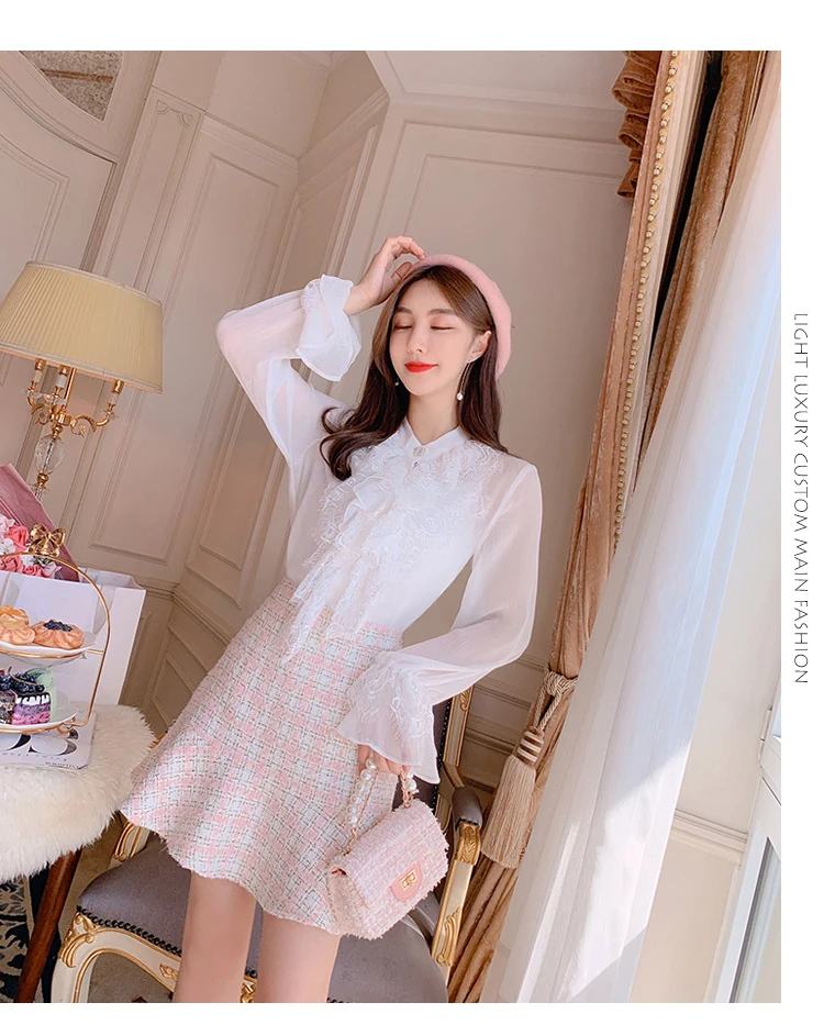 Small fragrant Wind Tweed Suits Fall Winter Women Pink Plaid Weave Woolen Jacket Coat+ Tassel Ruffles Mermaid Bodycon Skirt Set