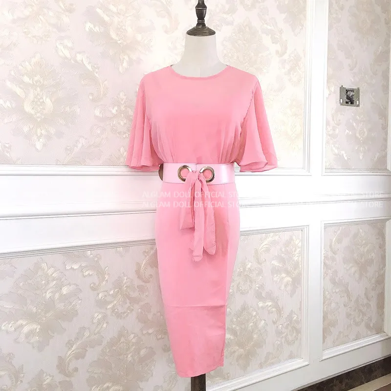 Летнее шифоновое платье в стиле пэчворк с поясом, оборками, рукавами и бантом, бордовое облегающее платье длиной до колена, Сексуальные вечерние платья - Цвет: Розовый