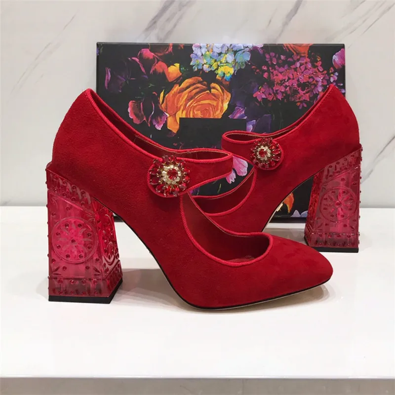 Новое поступление; женские туфли-лодочки с круглым носком; Узкие туфли mary janes Zapatos; Изящные женские туфли-лодочки на высоком квадратном каблуке из ПВХ; 43 - Цвет: Red