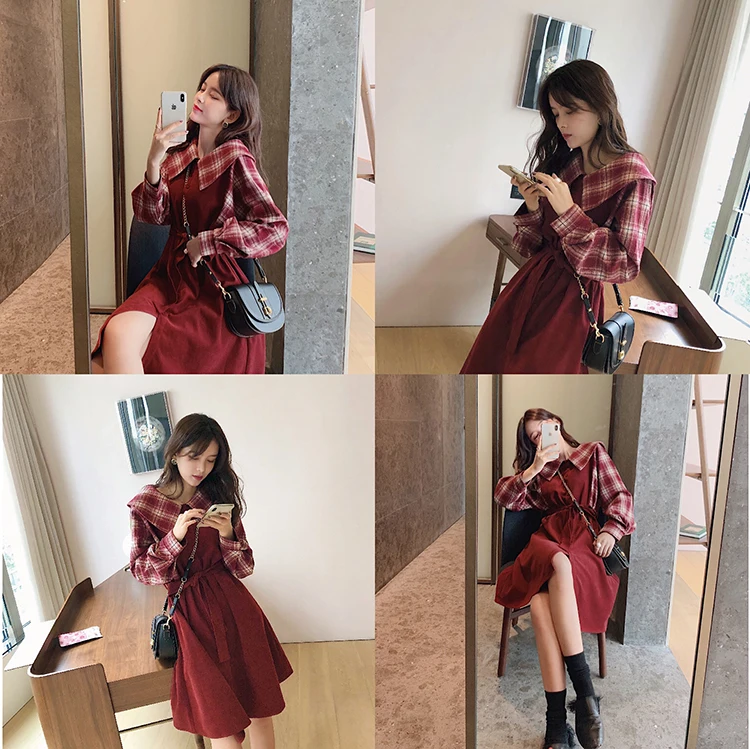 MISHOW Autumn Winter Dress Vintage Plaid Red Long Sleeve Waist Belt Female Mid-Long Dresses MX19D1968